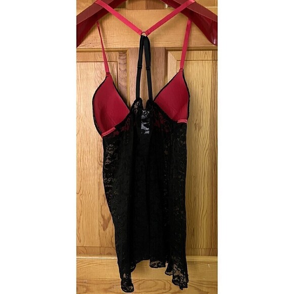 Secret Treasures Lace Lingerie M 8/10 Black Red Sleepwear Babydoll Corset Sheer - Picture 6 of 8